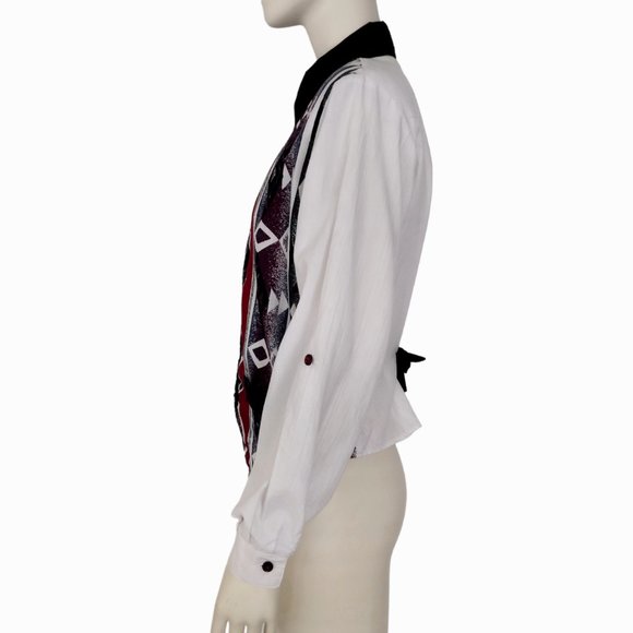 Vintage 1980s Tapestry Roll Tab Sleeve Button Down Faux Vest Shirt - Picture 4 of 15